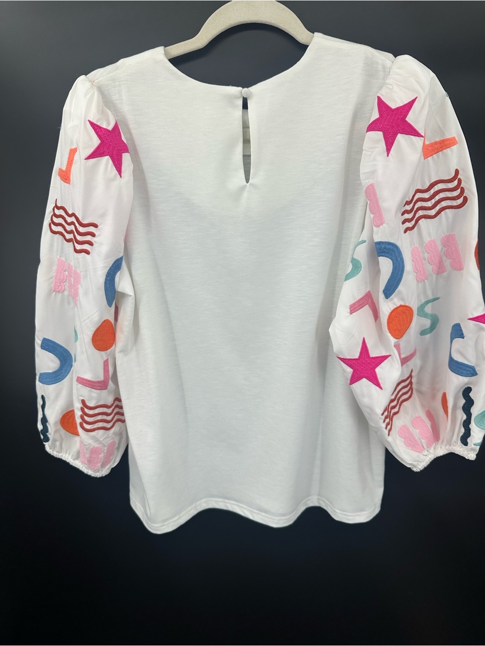THML Embroidered Puff Sleeve Top Large White Colorful Statement Sleeve Knit 1314 - Picture 4 of 10